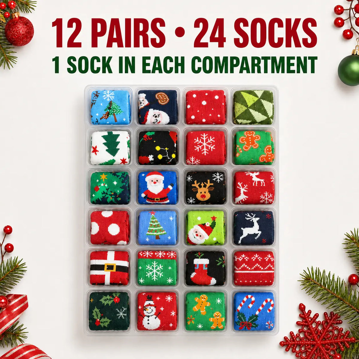🎁🎄Christmas Sock Advent Calendar, 24-Day Countdown Gift Box with 12 Pairs of Festive Crew Socks