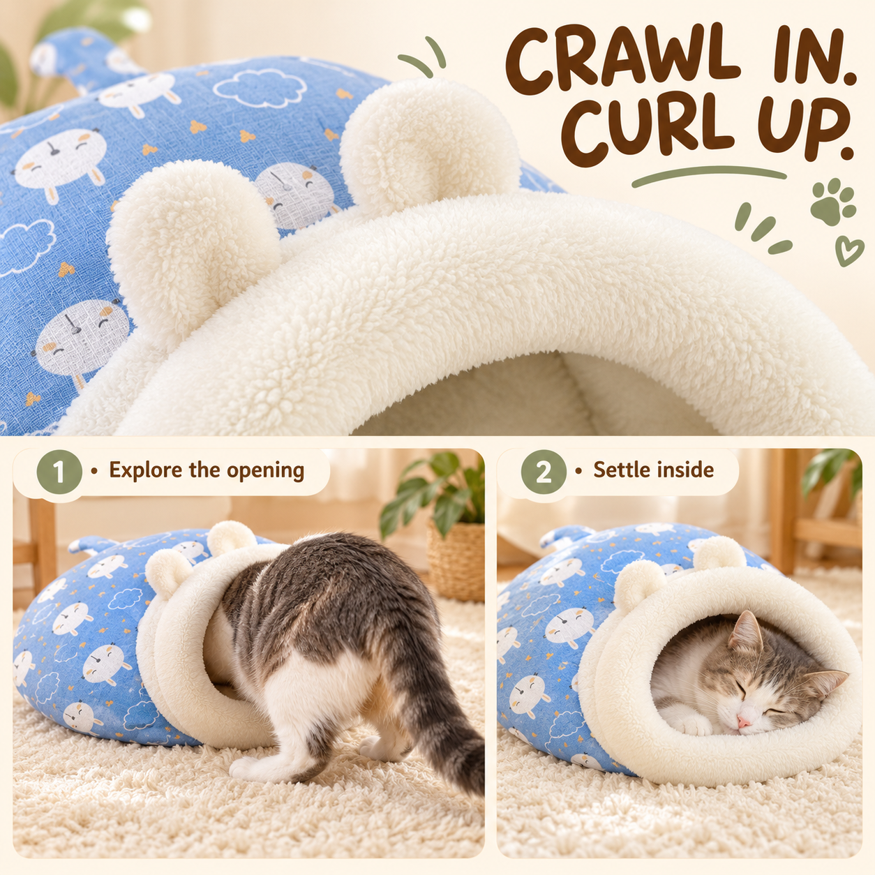 Two-step visual showing a cat entering the cave bed and then sleeping inside