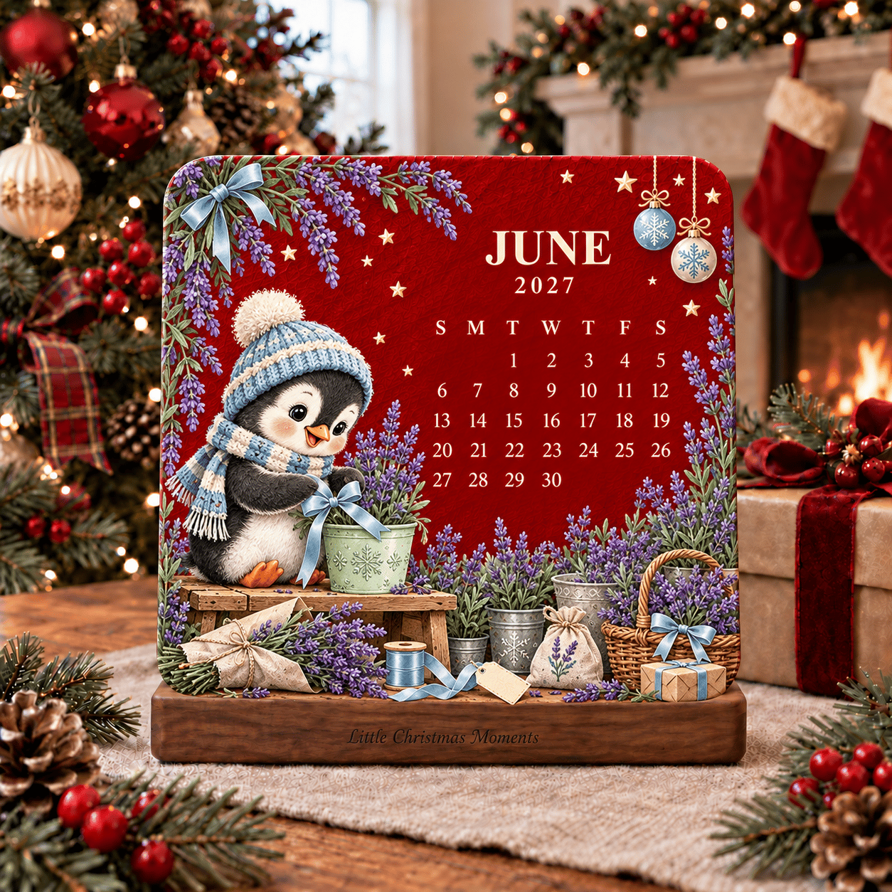 June 2027 penguin with lavender plants