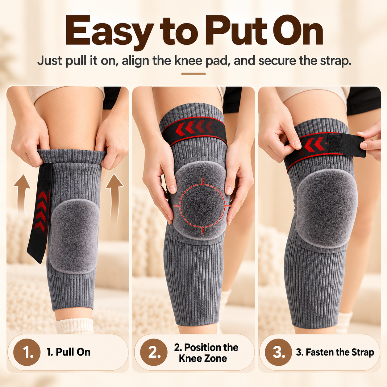 Three steps for putting on thermal knee warmers