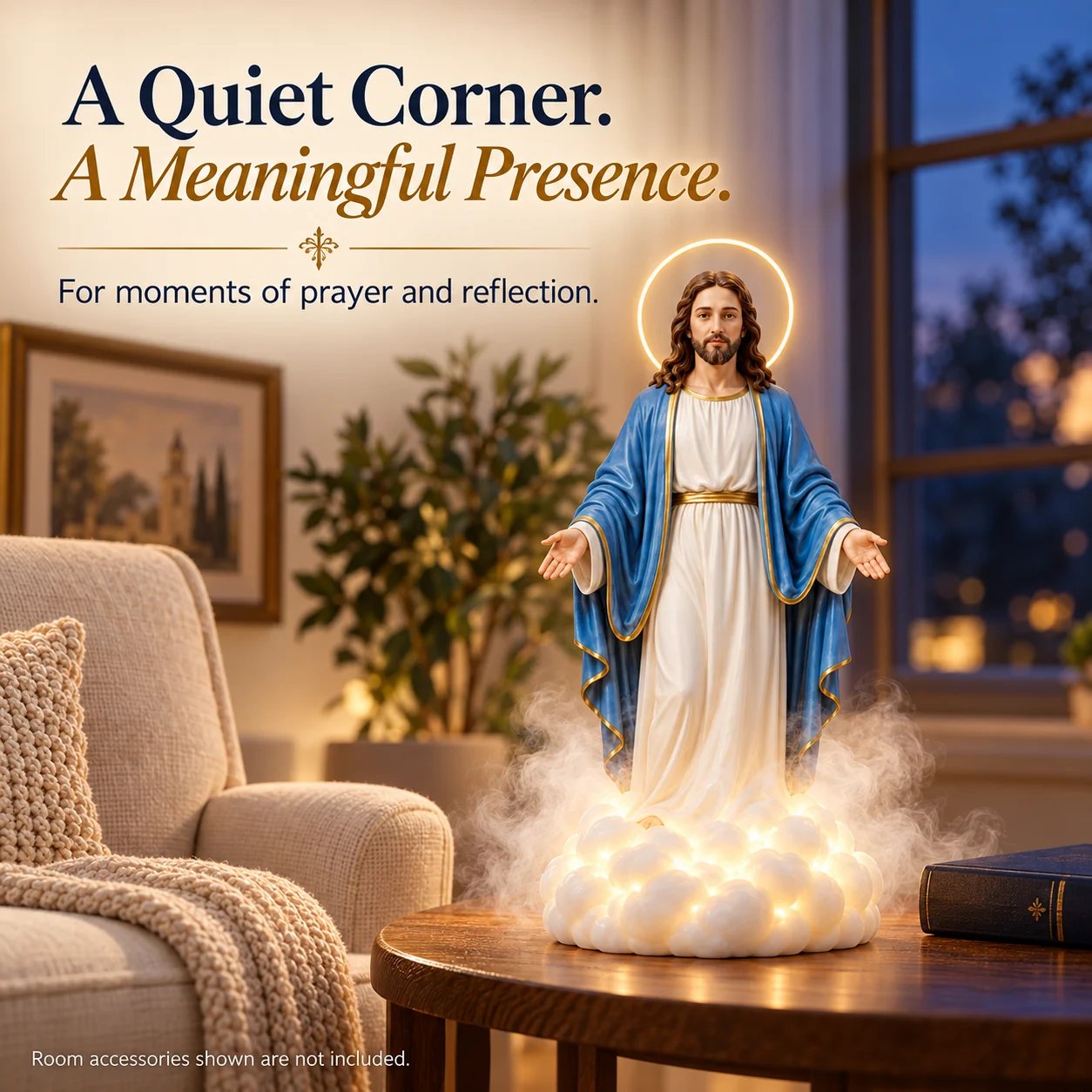 Jesus statue in blue and white robes with glowing halo and misty cloud base on a living room table