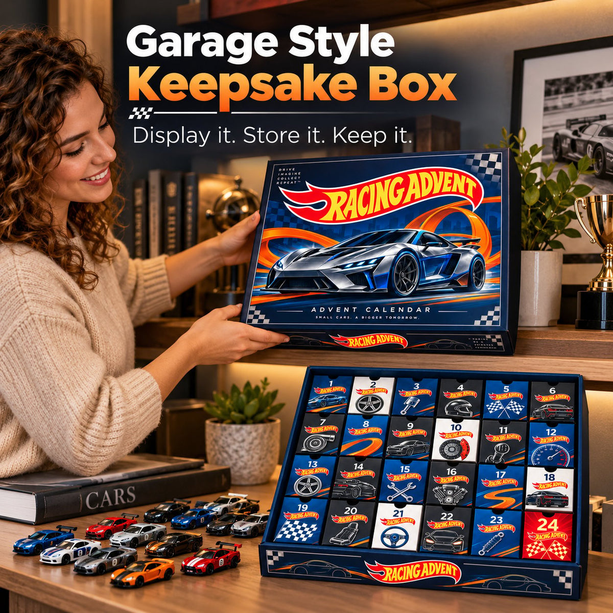 Die-Cast Racing Car Advent Calendar | 24 Day Garage Themed Holiday Countdown Box