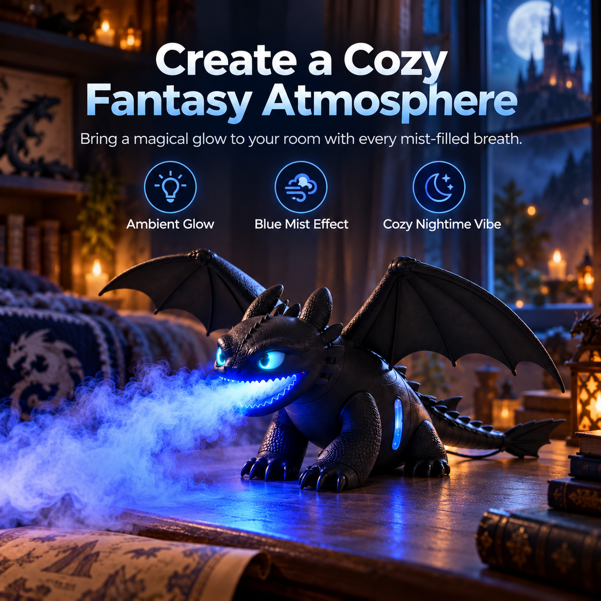 Glowing dragon humidifier creating cozy fantasy atmosphere