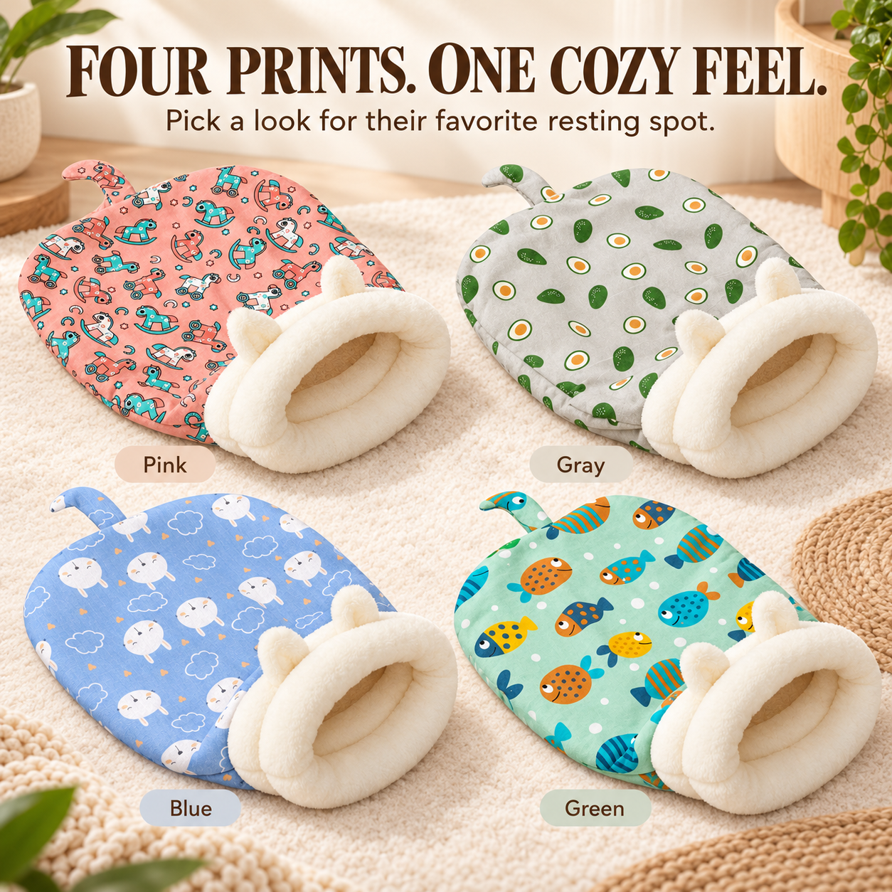 Four color choices: pink rocking horses, gray avocados, blue sheep and green fish