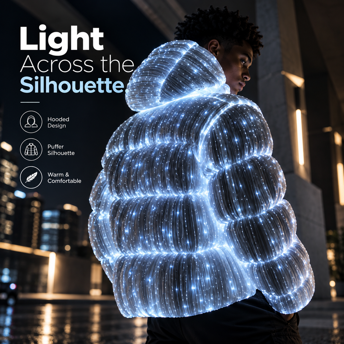 Rear view of glowing hooded LED puffer jacket at night