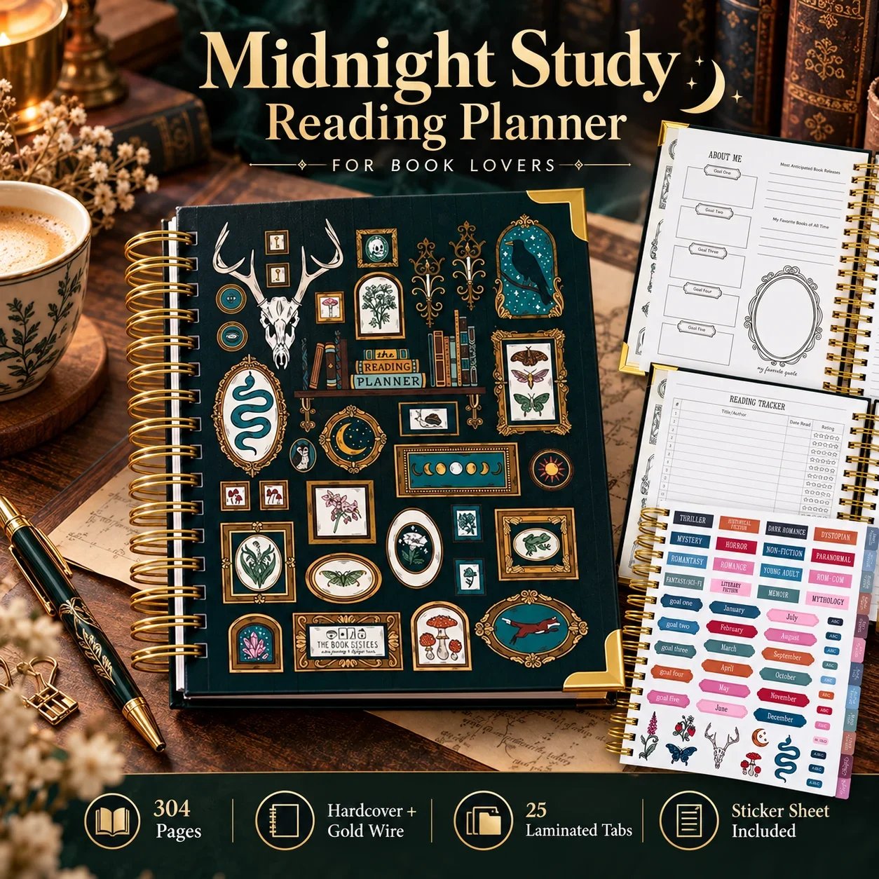 Midnight Study hardcover reading planner with decorative cover, interior pages and sticker sheet