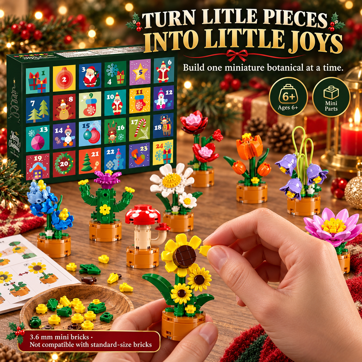 🌸 24-Day Flower Building Block Advent Calendar – Mini Botanical Christmas Countdown Gift Set