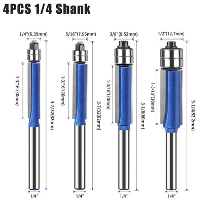 🪵 4-Piece Flush Trim Router Bits – Dual Bearings, 1/4' Shank