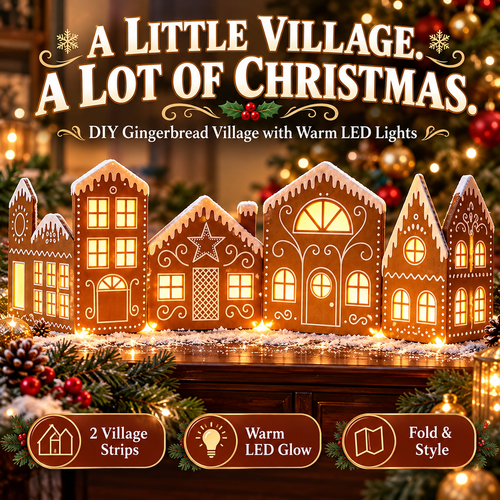 ✨Light Up the Holidays – DIY Gingerbread Village Decor Kit with Warm LED Lights