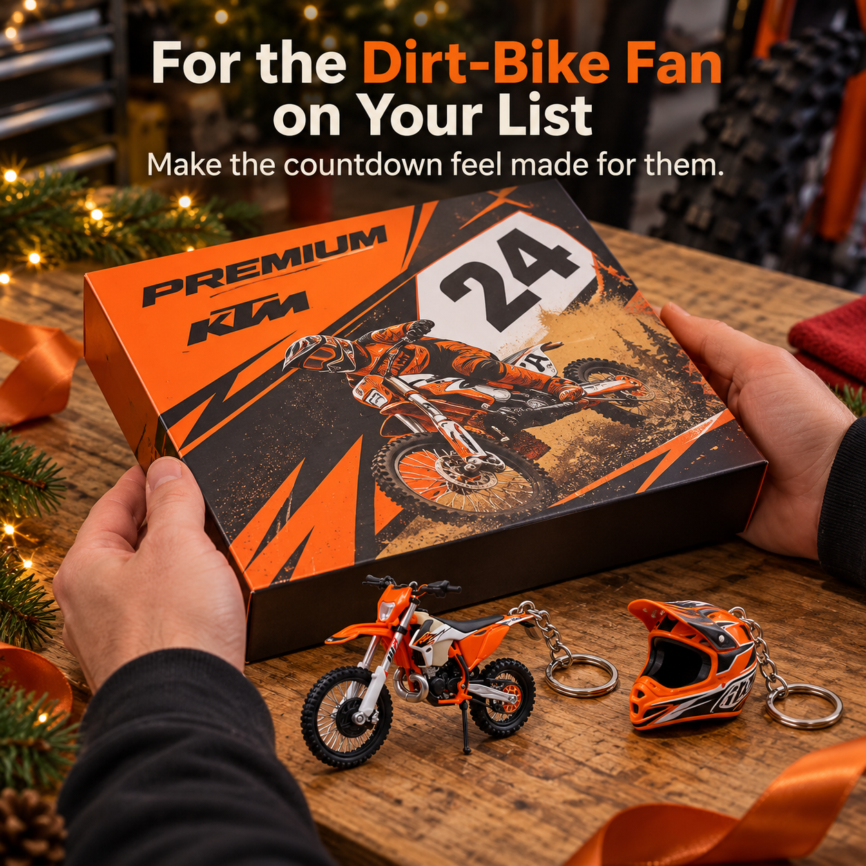 Hands holding motocross advent calendar gift box with orange dirt bike artwork
