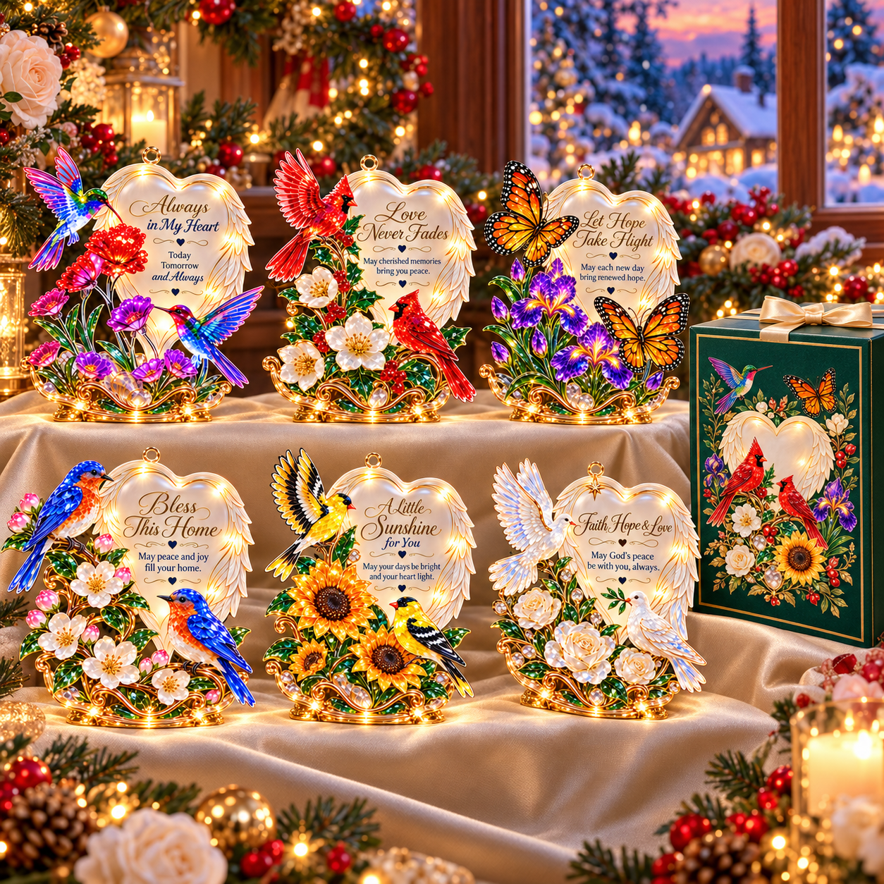 Six angel wings heart Christmas ornament designs displayed with festive decorations