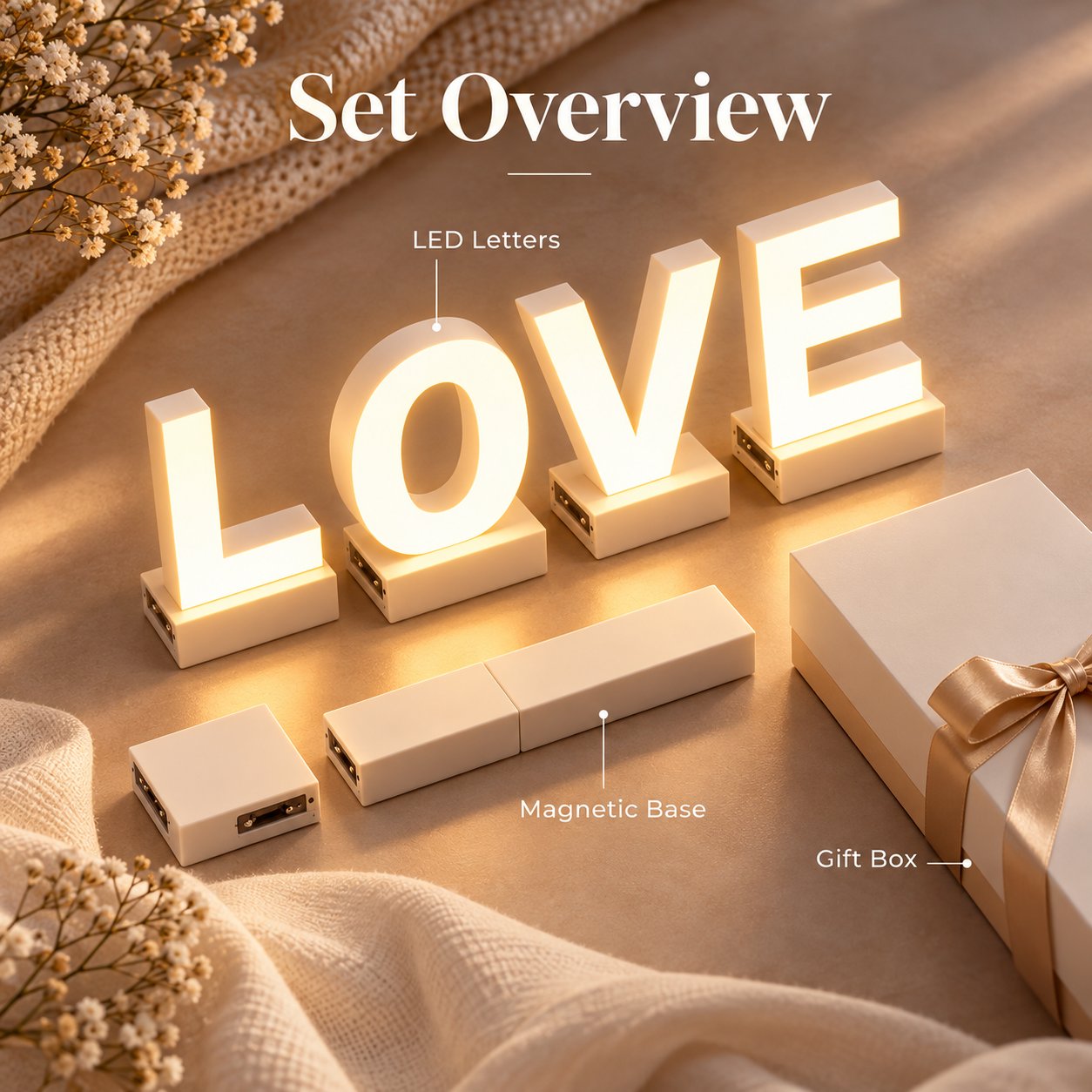 Magnetic LED letters with connecting bases and gift box shown in product set overview