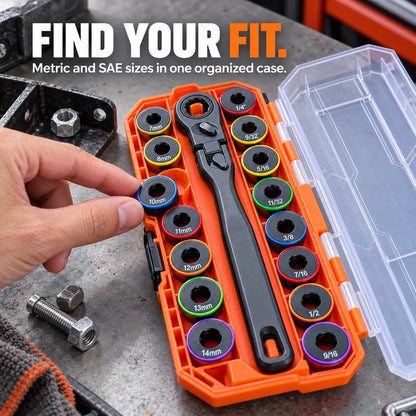 🔧🧰 Flex-Head Pass-Through Ratchet & Socket Set – Metric & SAE Sizes with Storage Case