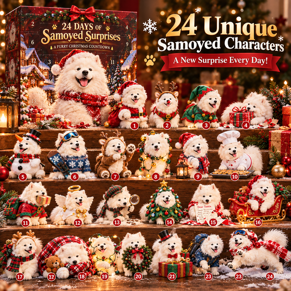🐶🎄 24-Day Samoyed Christmas Countdown – Fluffy Mini Figurine Advent Collection