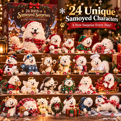 🐶🎄 24-Day Samoyed Christmas Countdown – Fluffy Mini Figurine Advent Collection