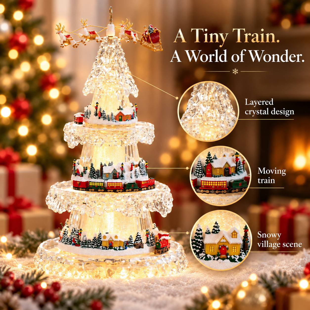 Detailed Christmas village tree showing layered acrylic branches, miniature moving train and snowy houses