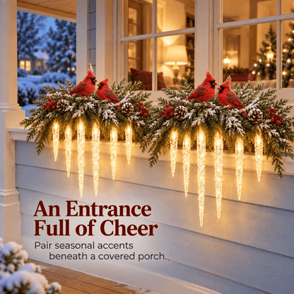 ✨Cardinal Winter Glow — Lighted Snowy Cedar & Icicle Christmas Decor