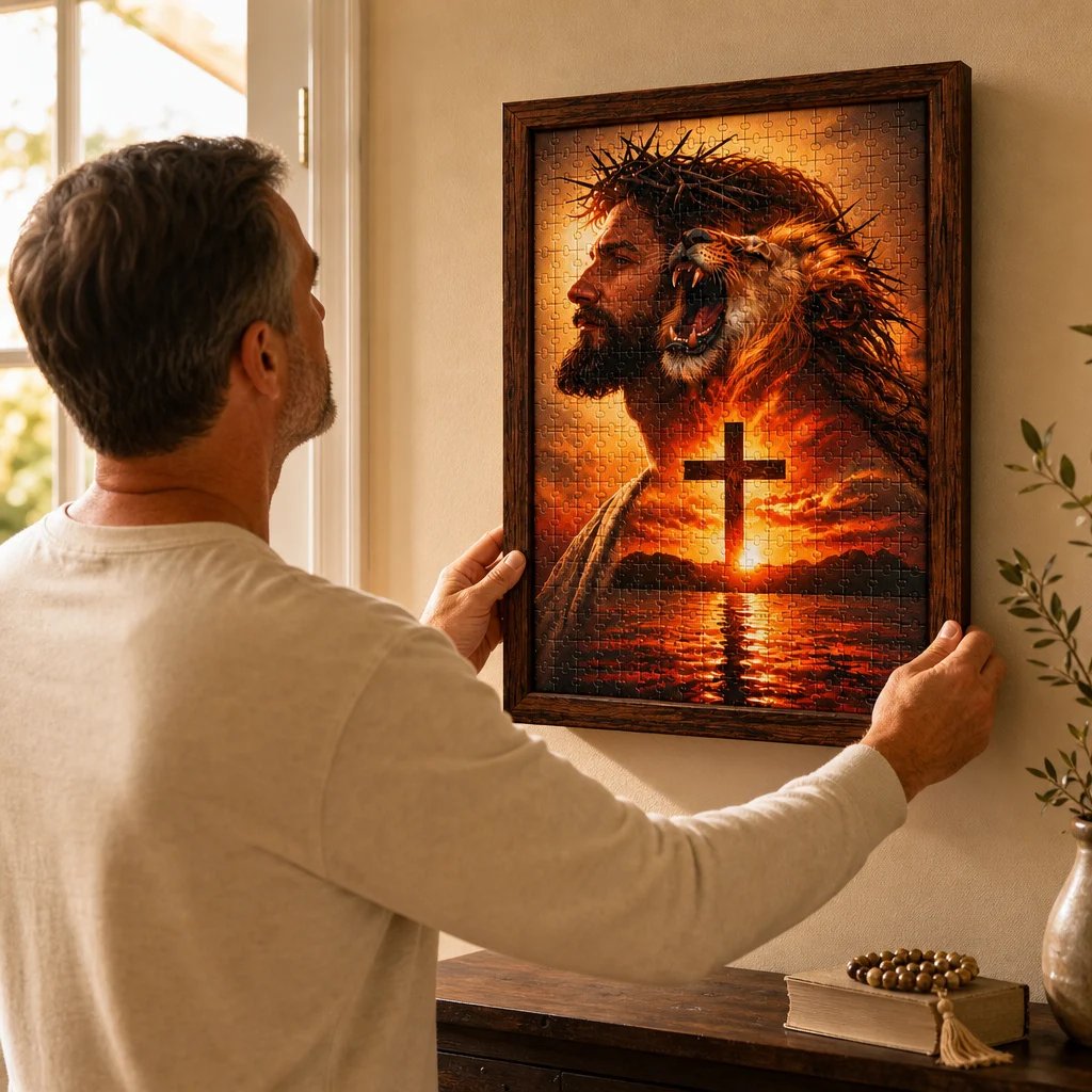 Man positioning framed He Reigns Christian puzzle artwork on a wall at home