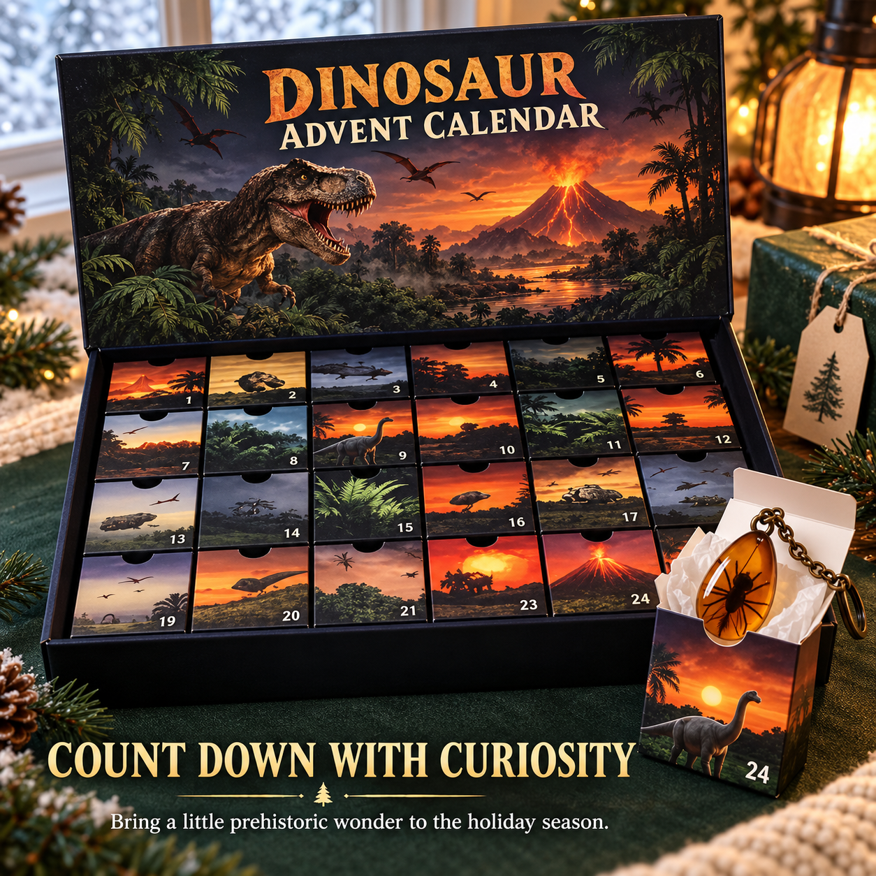 Dinosaur advent calendar displayed with Christmas decorations and an amber-tone charm