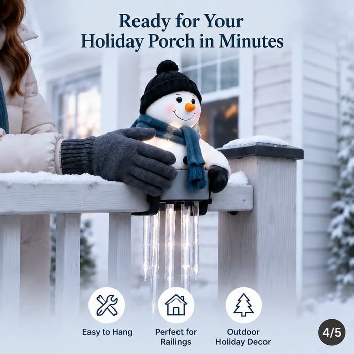 ⛄Lighted Snowman Railing Decoration with Hanging Icicle Lights