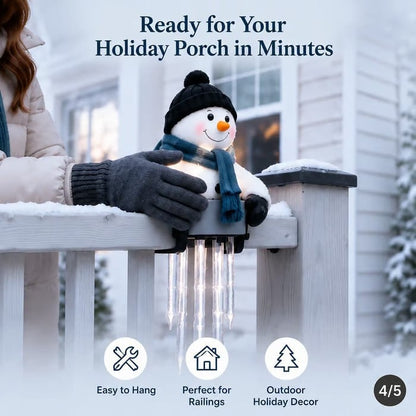 ⛄Lighted Snowman Railing Decoration with Hanging Icicle Lights