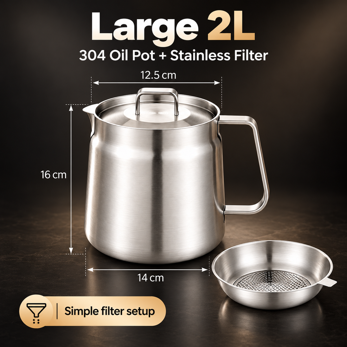 HOT SALE🍟✨ 3-in-1 Stainless Steel Deep Fryer Pot with Oil Filter & Fry Basket 🥘💧 304 Stainless Steel Cooking Oil Strainer & Storage Container 🍗🔥 Easy-Pour Design for Home Kitchen 🍳💖 1.5L/2L Available