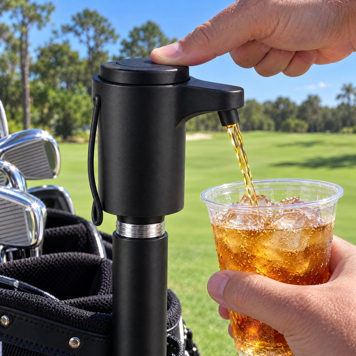 Thumb pressing the button on a FIFTH IRON as a drink pours into a cup