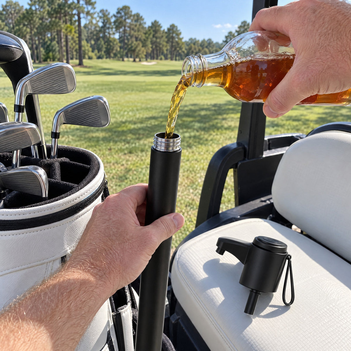 Pouring a drink into the open tube of a FIFTH IRON