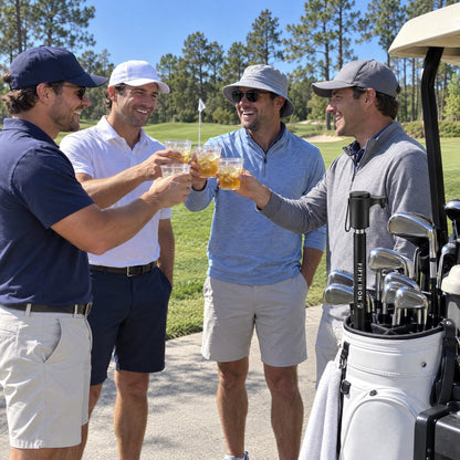 Four golfers toasting beside a golf bag with a FIFTH IRON in it
