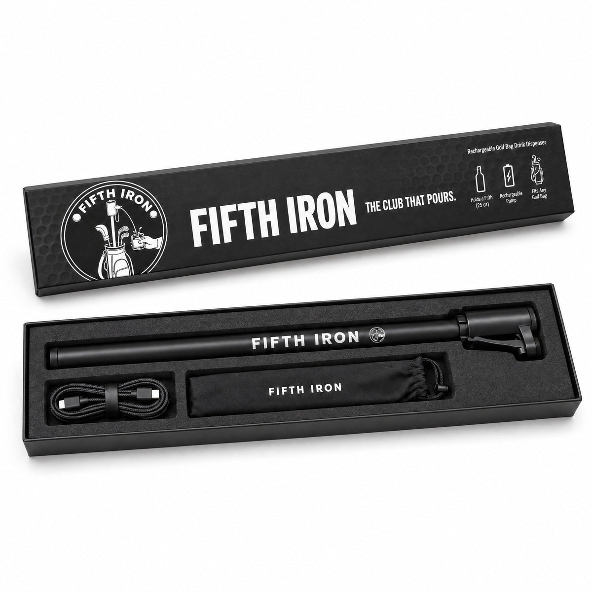 FIFTH IRON box contents: dispenser, charging cable and storage bag