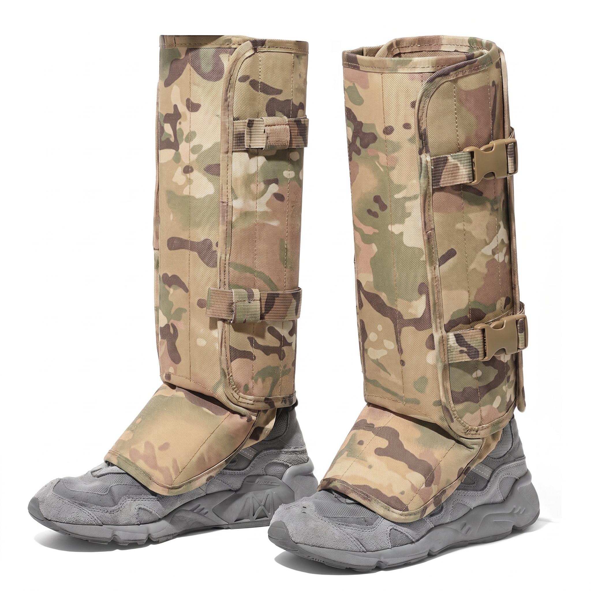 Camo tactical protective gaiters worn over gray outdoor shoes