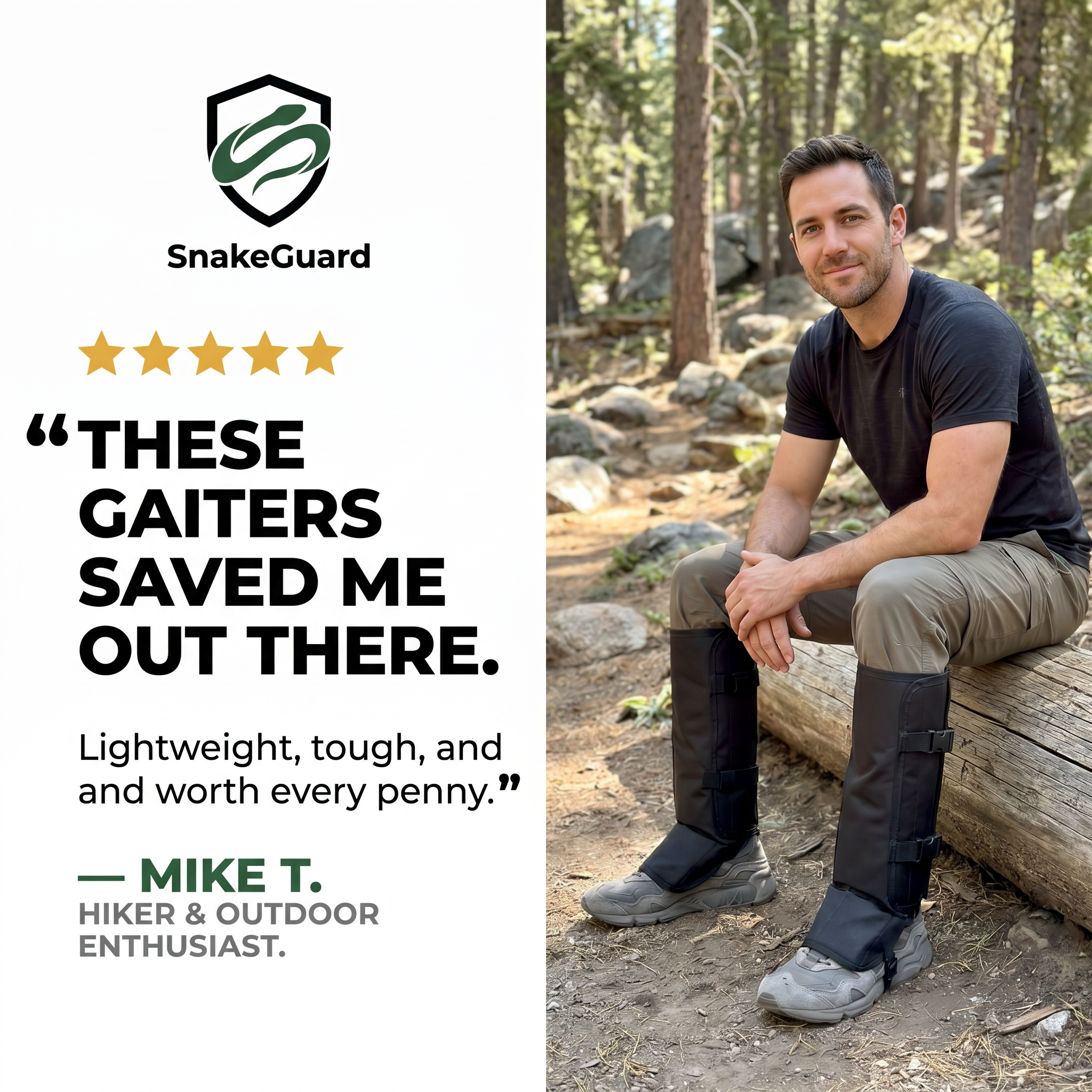 Original seller lifestyle testimonial graphic showing a man wearing black gaiters in a wooded area