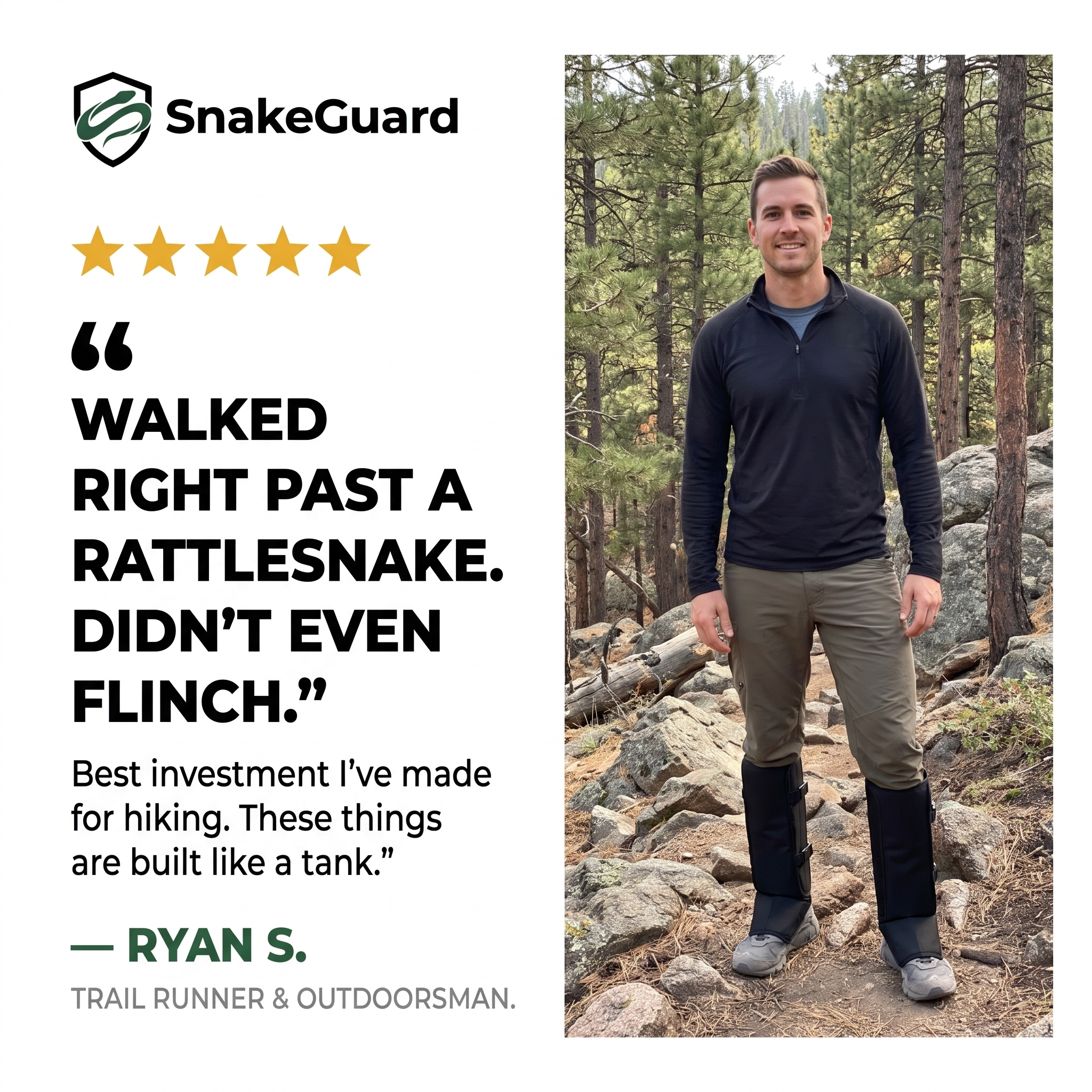 Original seller testimonial graphic showing black gaiters worn on a rocky woodland trail
