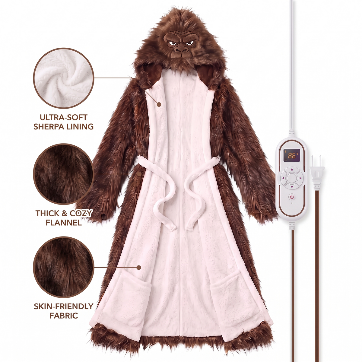 🦍 Bigfoot Heated Wearable Blanket Robe | 8 Heat Levels & Cozy Sherpa Lining