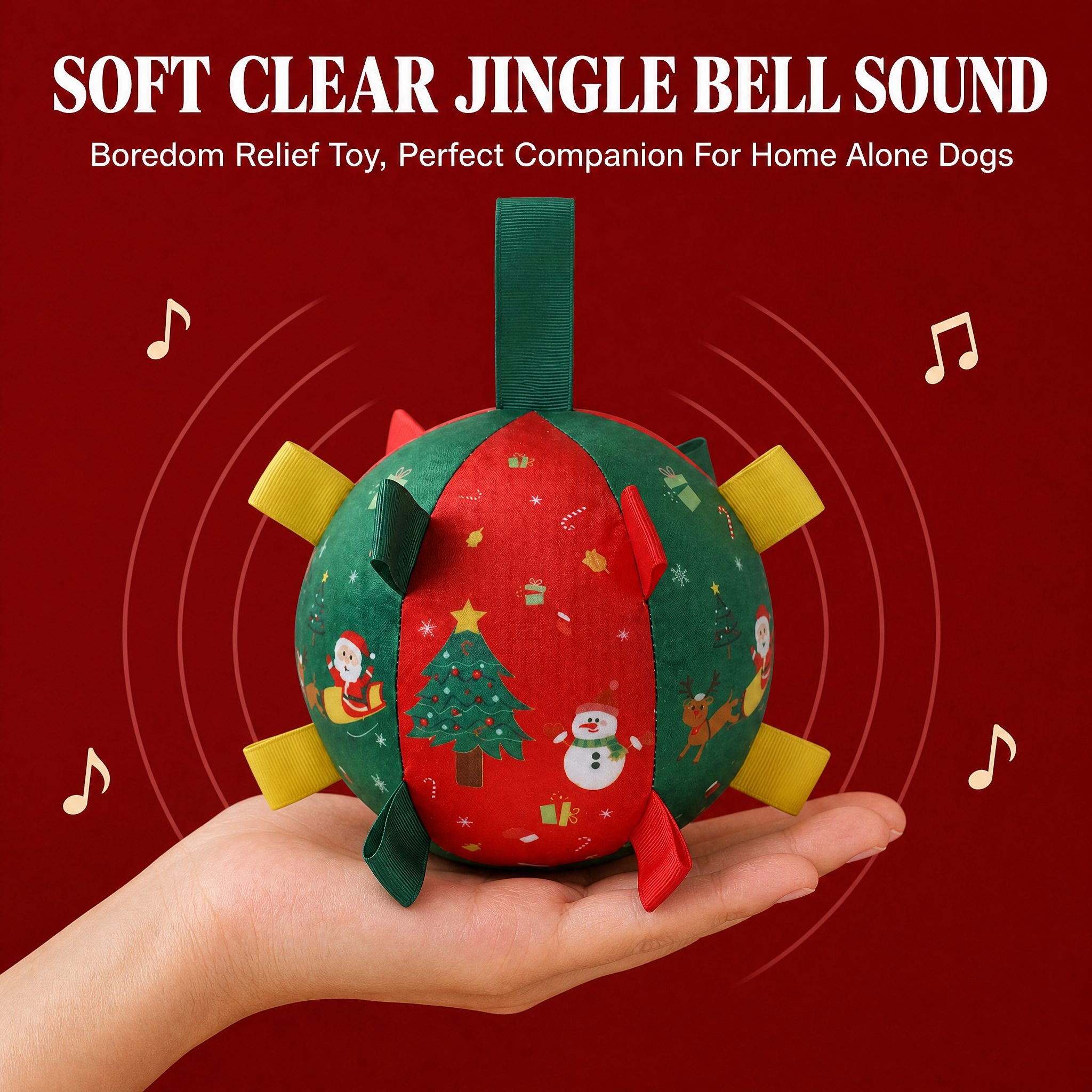 Christmas bounce ball on white background showing rounded shape and colorful grab tabs
