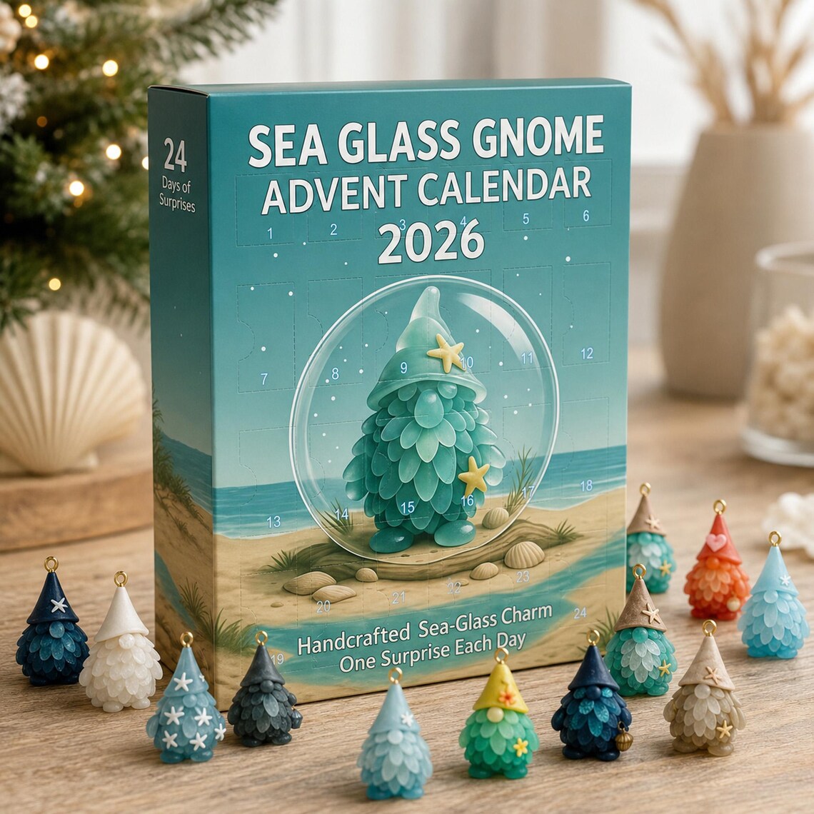 🎄🎅Sea Glass Gnome Advent Calendar 2026,24 Days Acrylic Marine Life Gnome Charms