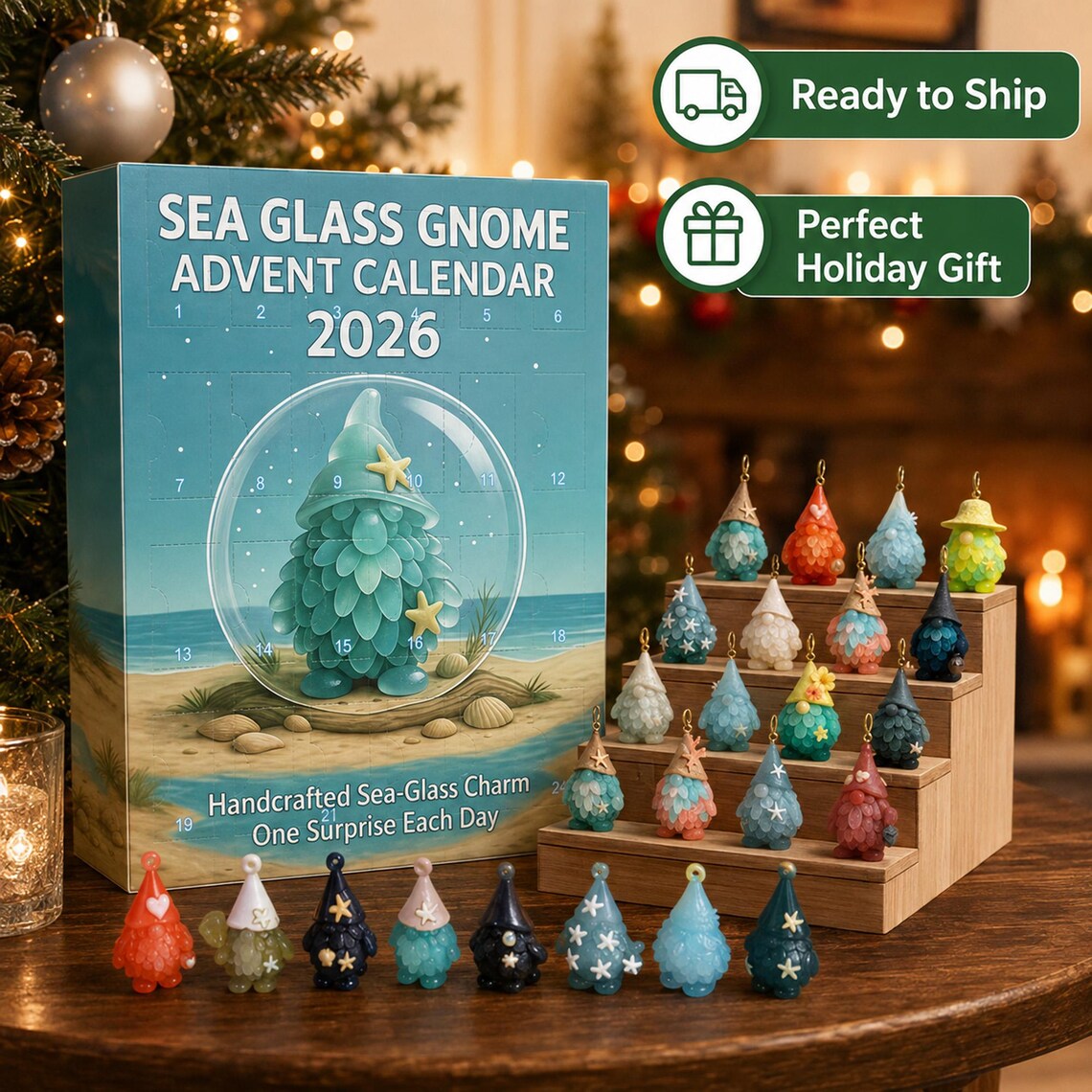 🎄🎅Sea Glass Gnome Advent Calendar 2026,24 Days Acrylic Marine Life Gnome Charms