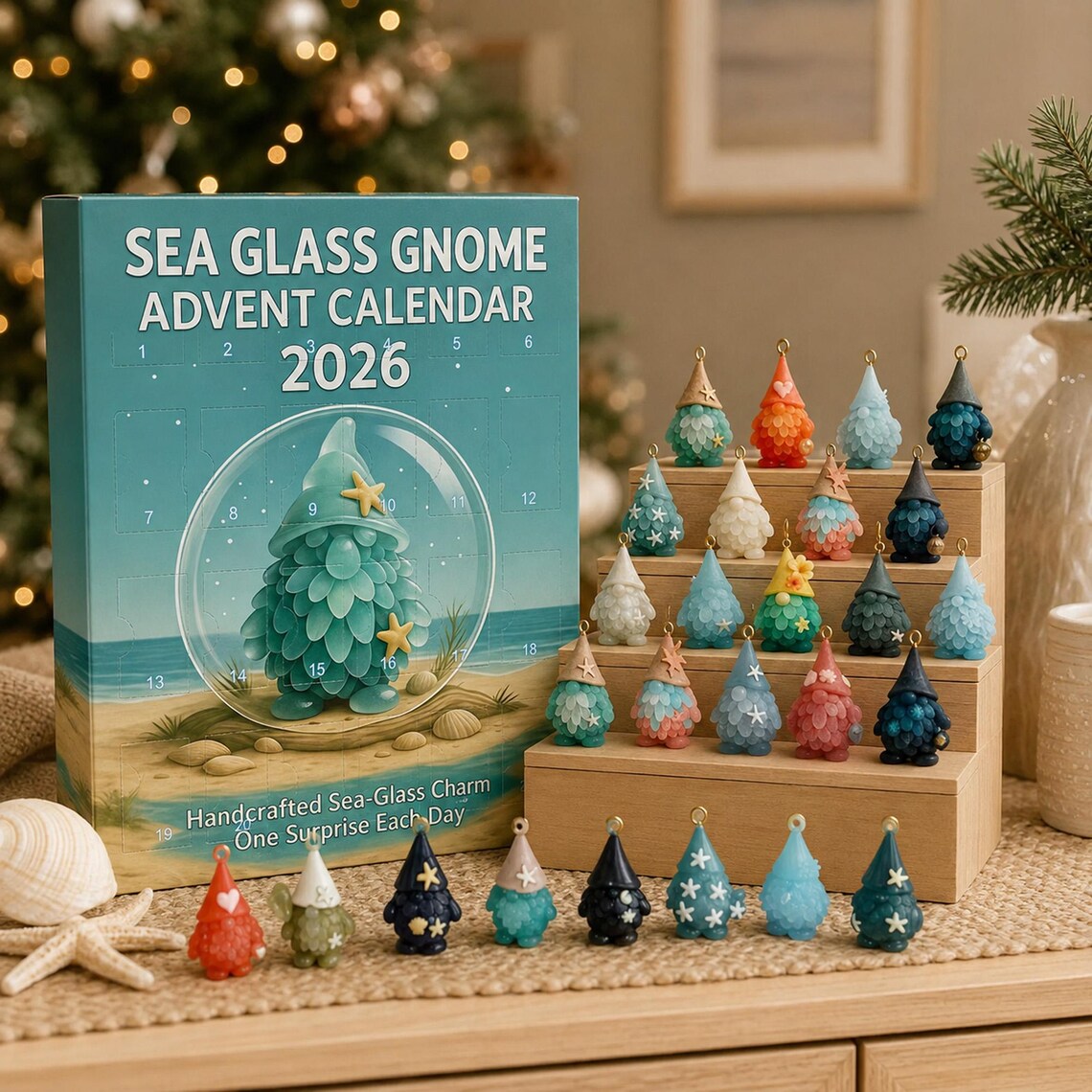 🎄🎅Sea Glass Gnome Advent Calendar 2026,24 Days Acrylic Marine Life Gnome Charms