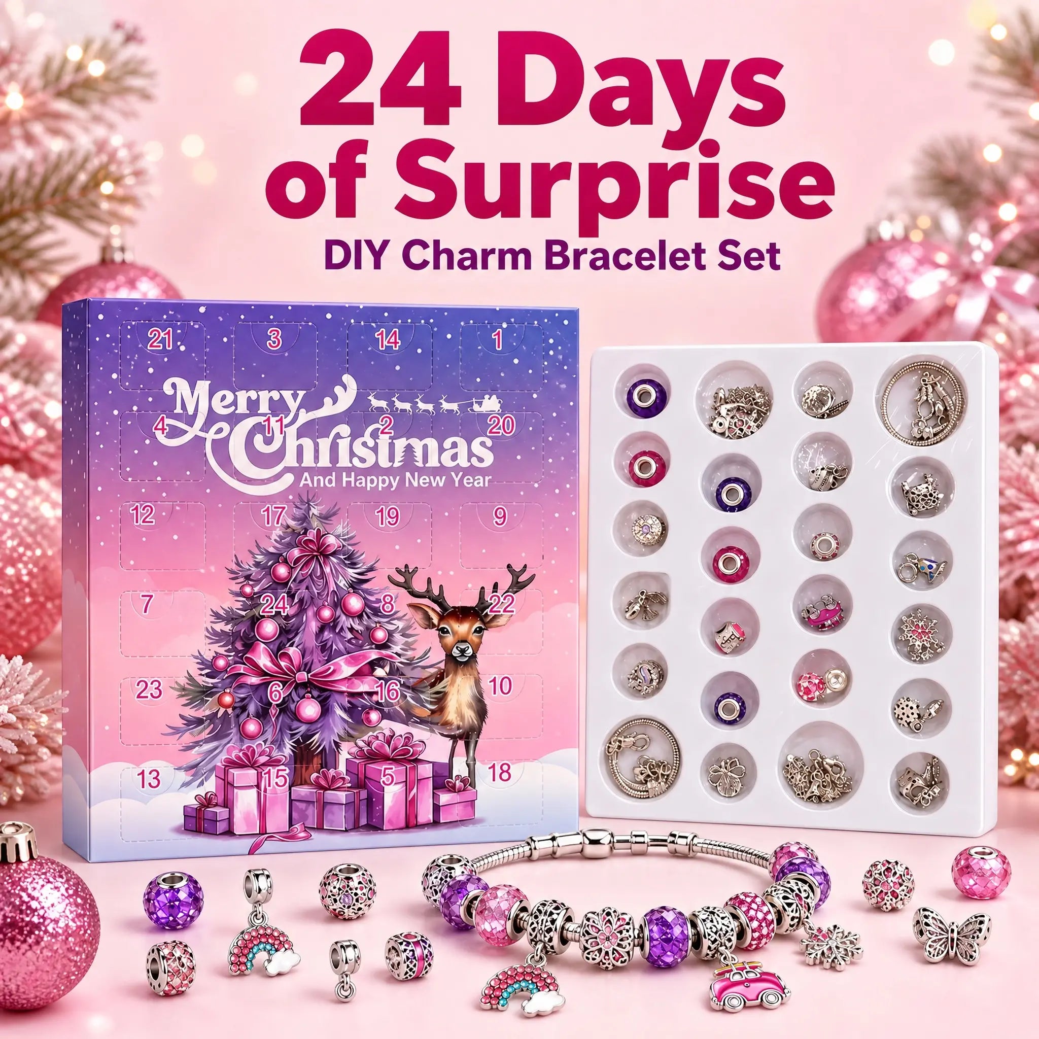 Pink Christmas jewelry advent calendar with 24 numbered doors, charms, beads and completed bracelet