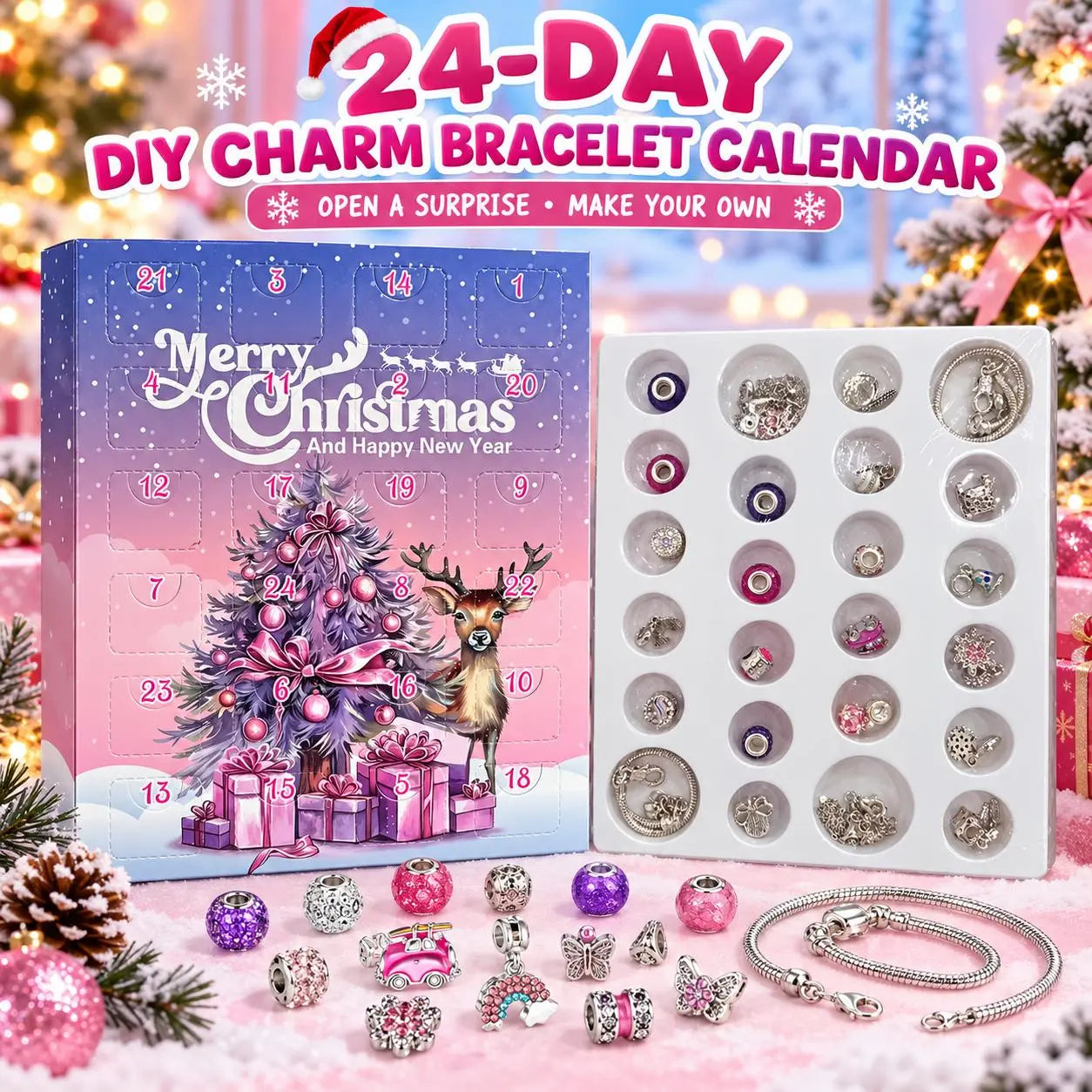 Christmas jewelry advent calendar showing the tray of decorative beads, charms and bracelet components