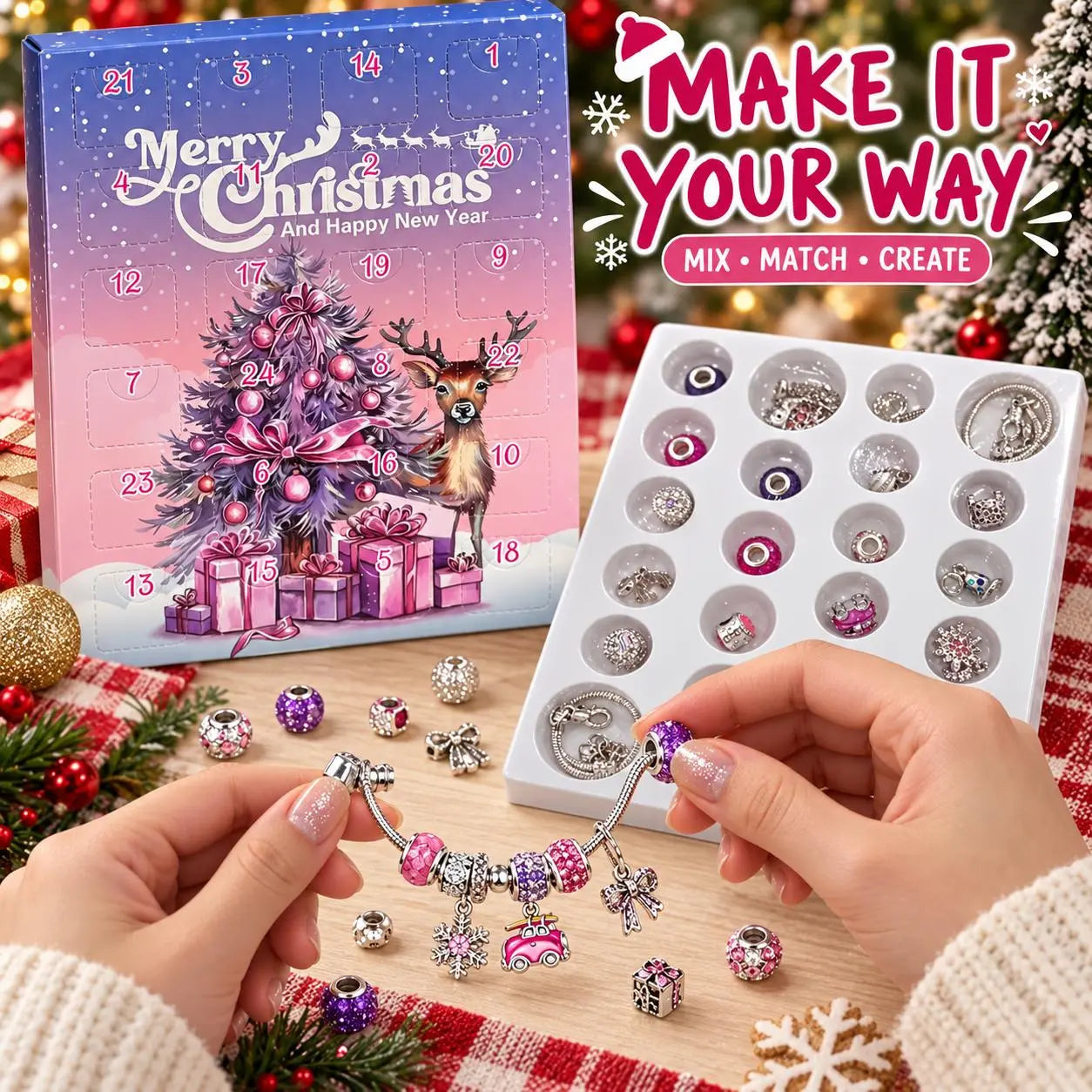 Hands adding purple and pink beads to a silver charm bracelet next to the advent calendar