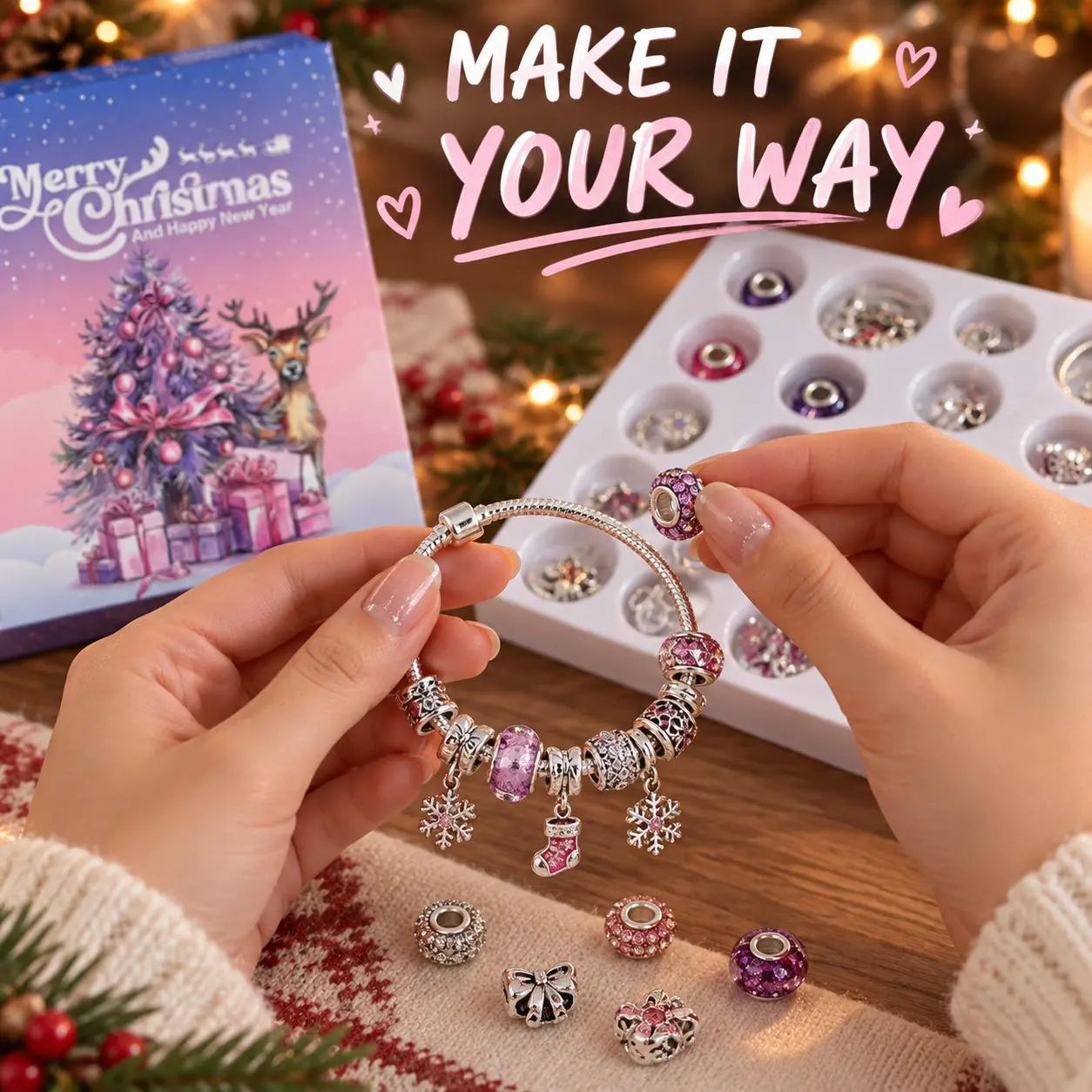 Close-up of a handmade Christmas charm bracelet being customized with a decorative pink bead