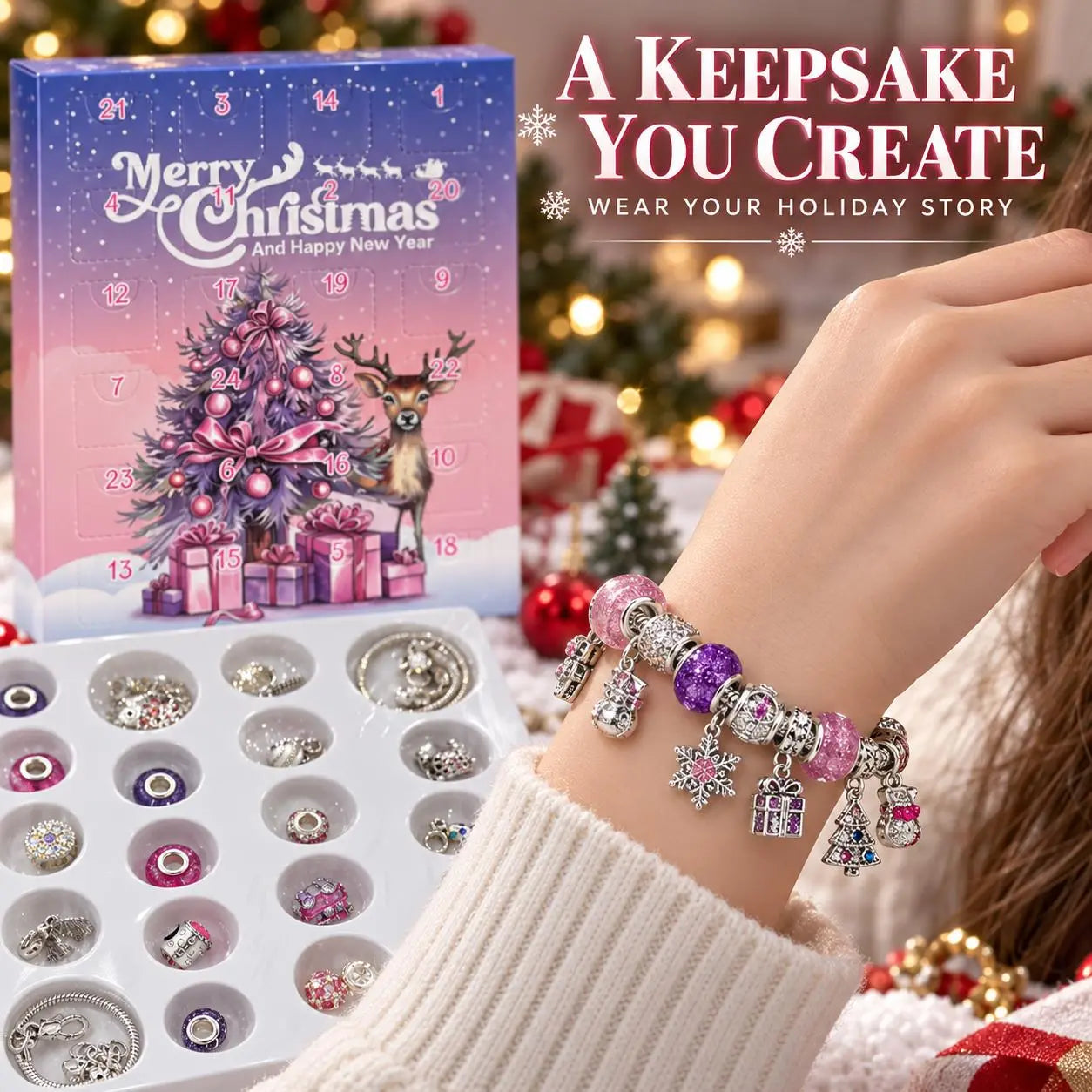 Finished pink and purple Christmas charm bracelet worn on the wrist with festive dangling charms