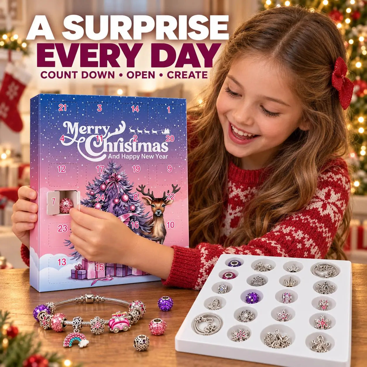 Girl opening a numbered compartment on the Christmas advent calendar and discovering a pink bead