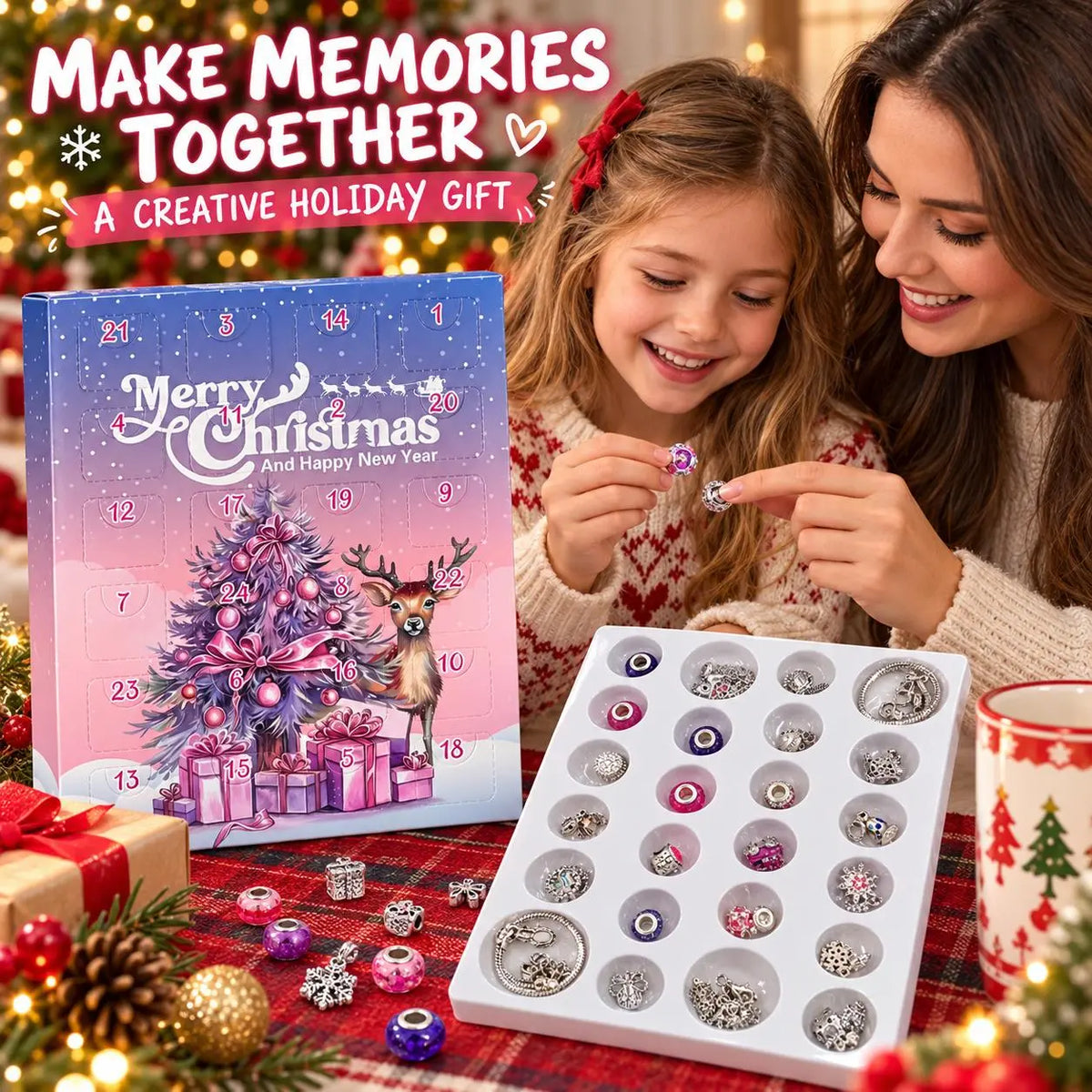 🎁✨24-Day Christmas DIY Craft Bead Charms Kit - Girls' Jewelry Gift Set