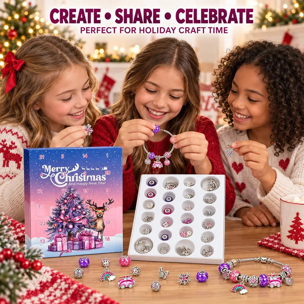 Three girls creating Christmas charm bracelets together around a festive table