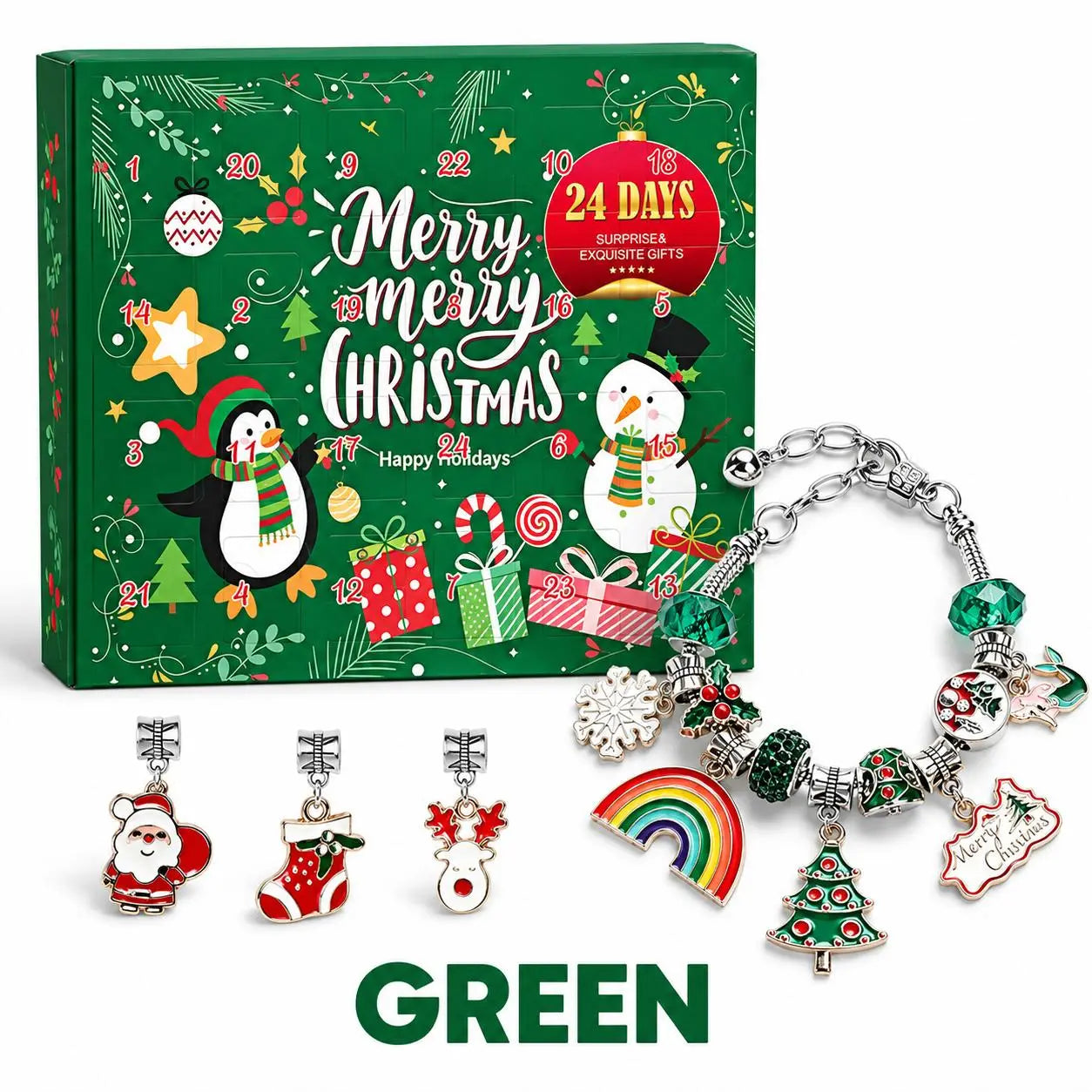 Green style Christmas jewelry advent calendar with silver-tone bracelet and holiday charms