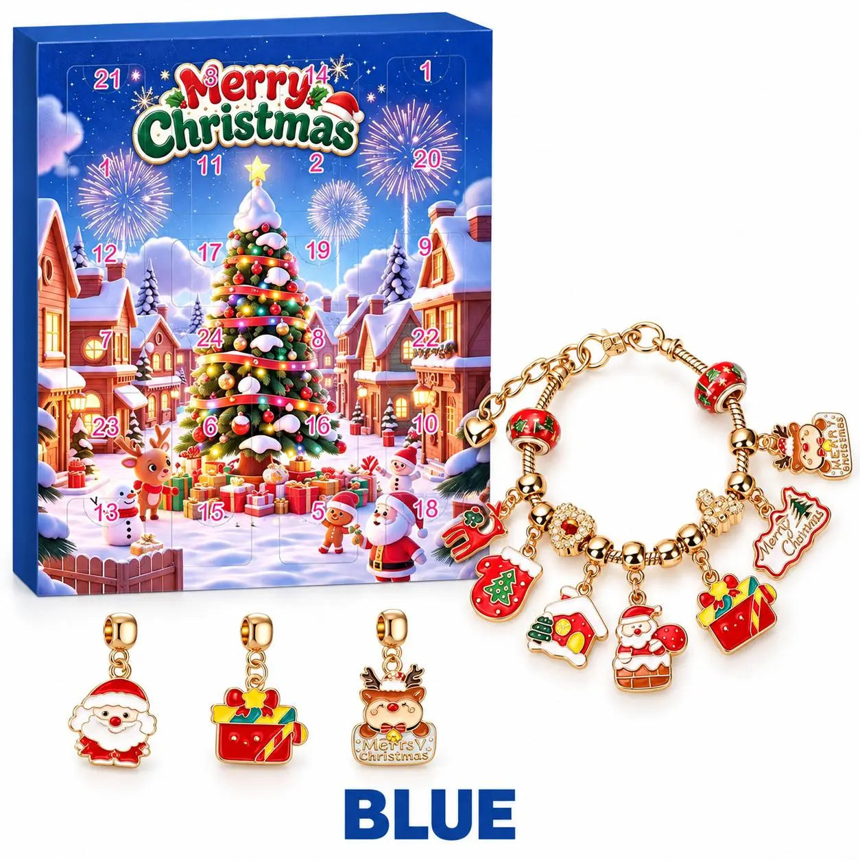 Blue style Christmas jewelry advent calendar with gold-tone bracelet and traditional holiday charms