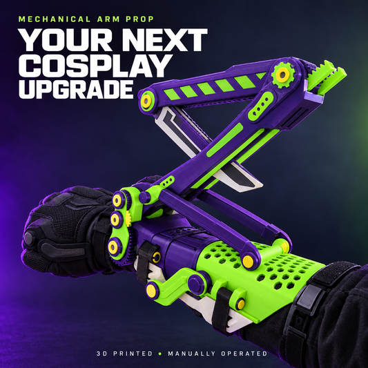 Purple and lime 3D printed mechanical mantis cosplay arm prop — hero