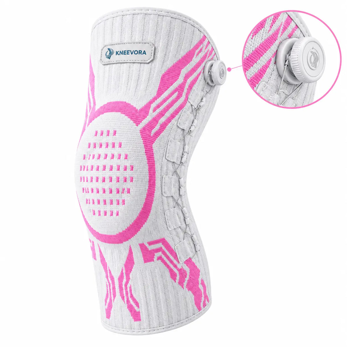 A white and pink Kneevora knee support brace with an adjustable dial closure, shown on a clean white background with a circular detail inset highlighting the dial mechanism.